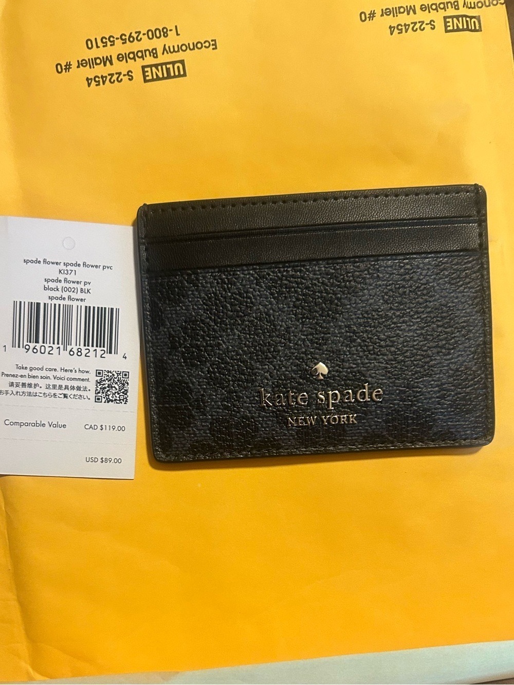 kate spade Black Pebbled Leather Card Case with Gold Logo